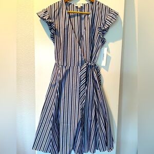 Sz 4 Calvin Klein Cotton A Line Midi Wrap Dress Pinstripe Blue/white NWT Classic